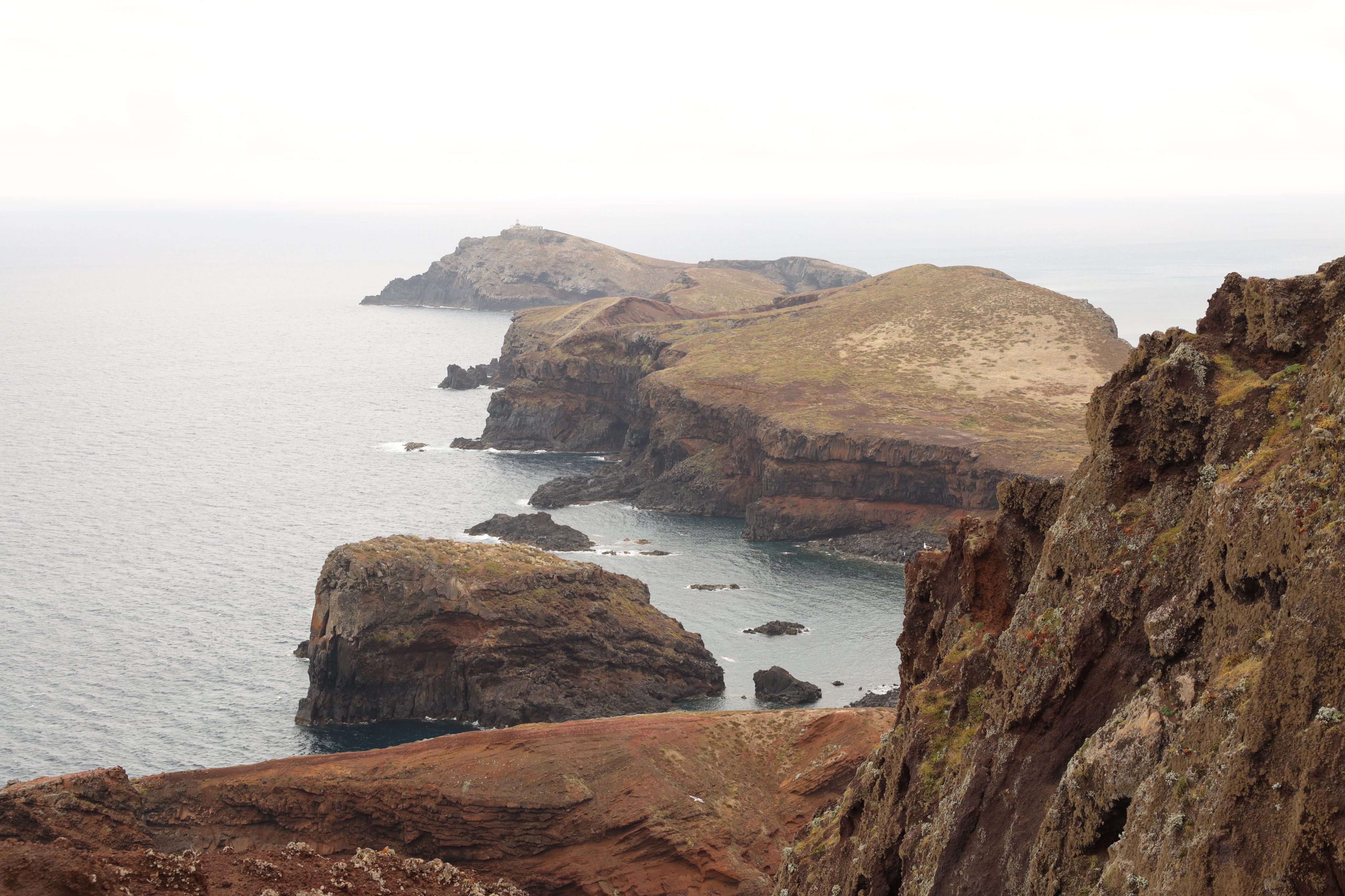Rocky volcanic cliffs with moss and lichen overlooking turquoise waters and distant islands off Madeira's coast